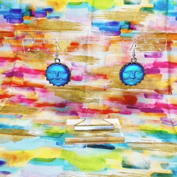 Iridescent Blue Moon Face Earrings Hand Crafted Sterling Silver Wires - Picture 3 of 6